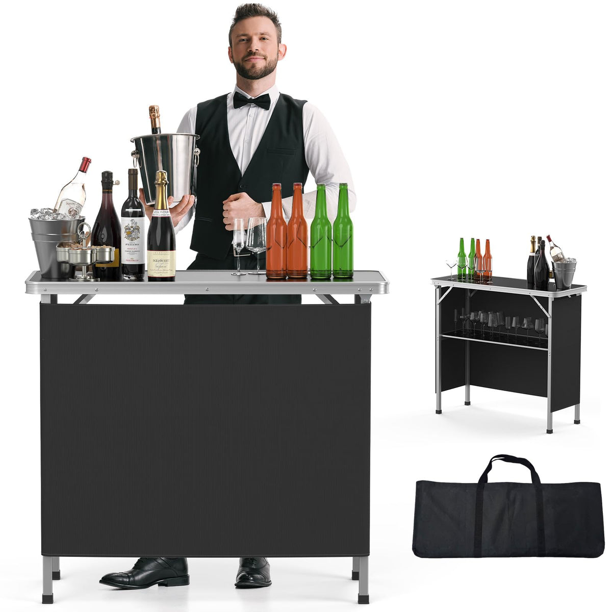 Portable Bar Table, 2-Tier Shelves, Mobile Bar Table for Events, Party, Camping, Picnic, Tradeshow, Indoor with Black