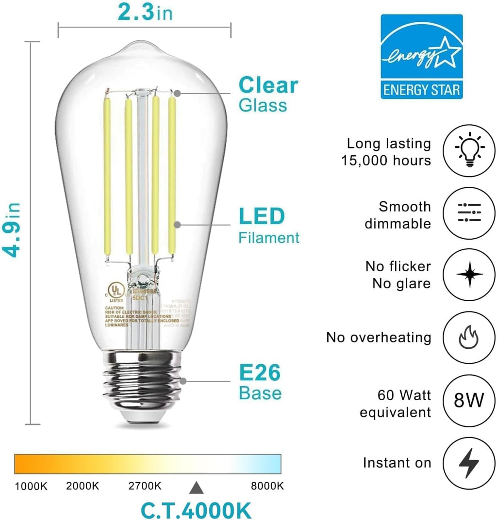 Edison Light Bulbs, E26 Dimmable Vintage Bulb, 8W = 60W Equivalent