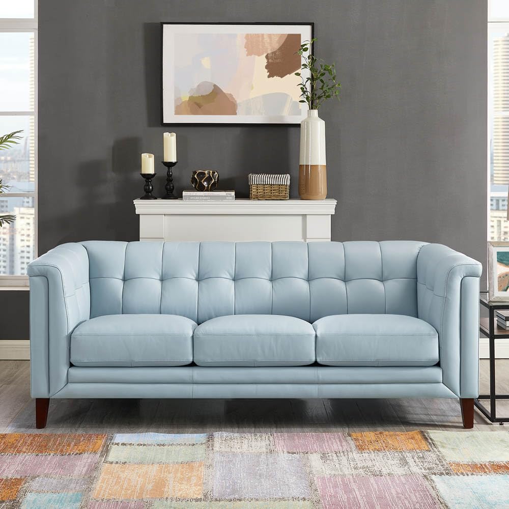 Arvo Top Grain Leather Sofa Couch, 84", Spa Blue
