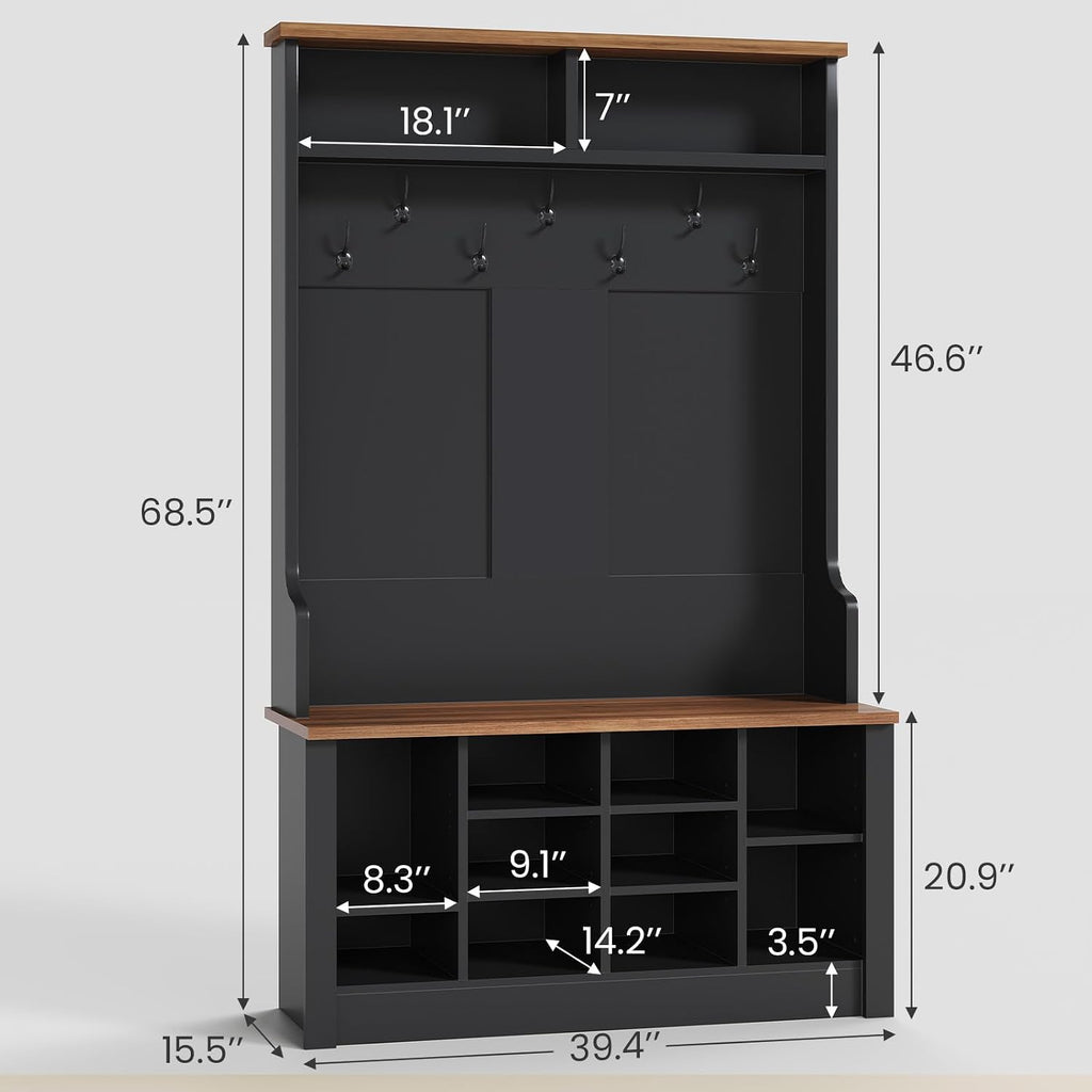Hall Tree with Bench and Shoe Storage, 3-in-1 Entryway Bench with Coat Rack, Adjustable Shoe Storage and Hanging Hooks, Black