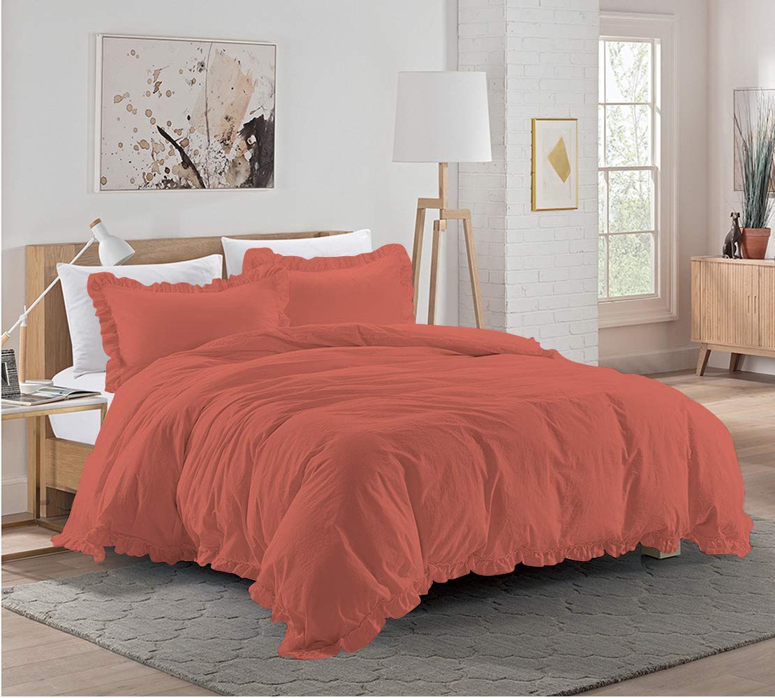 3 Pieces Ruffle Duvet Cover Set with Zipper Closure, 100% Egyptian Cotton 1000 Thread Count (Full/Queen, Brick Red)