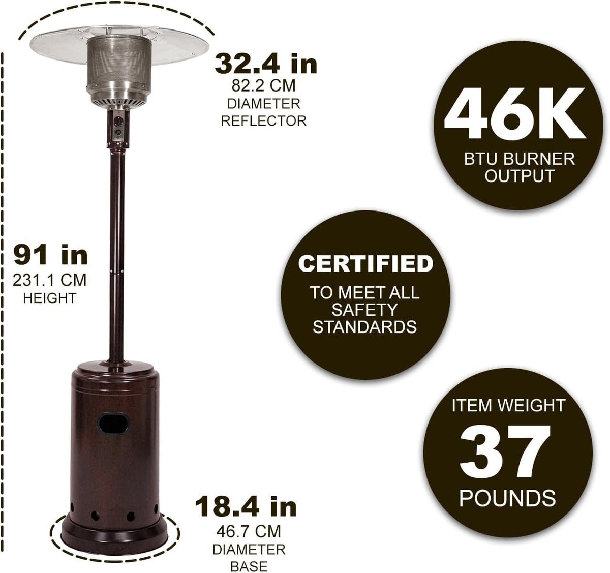 46,000 BTU Portable Outdoor Propane Patio Heater with Wheels, Commercial & Residential, Easy to Use, with Water Tank