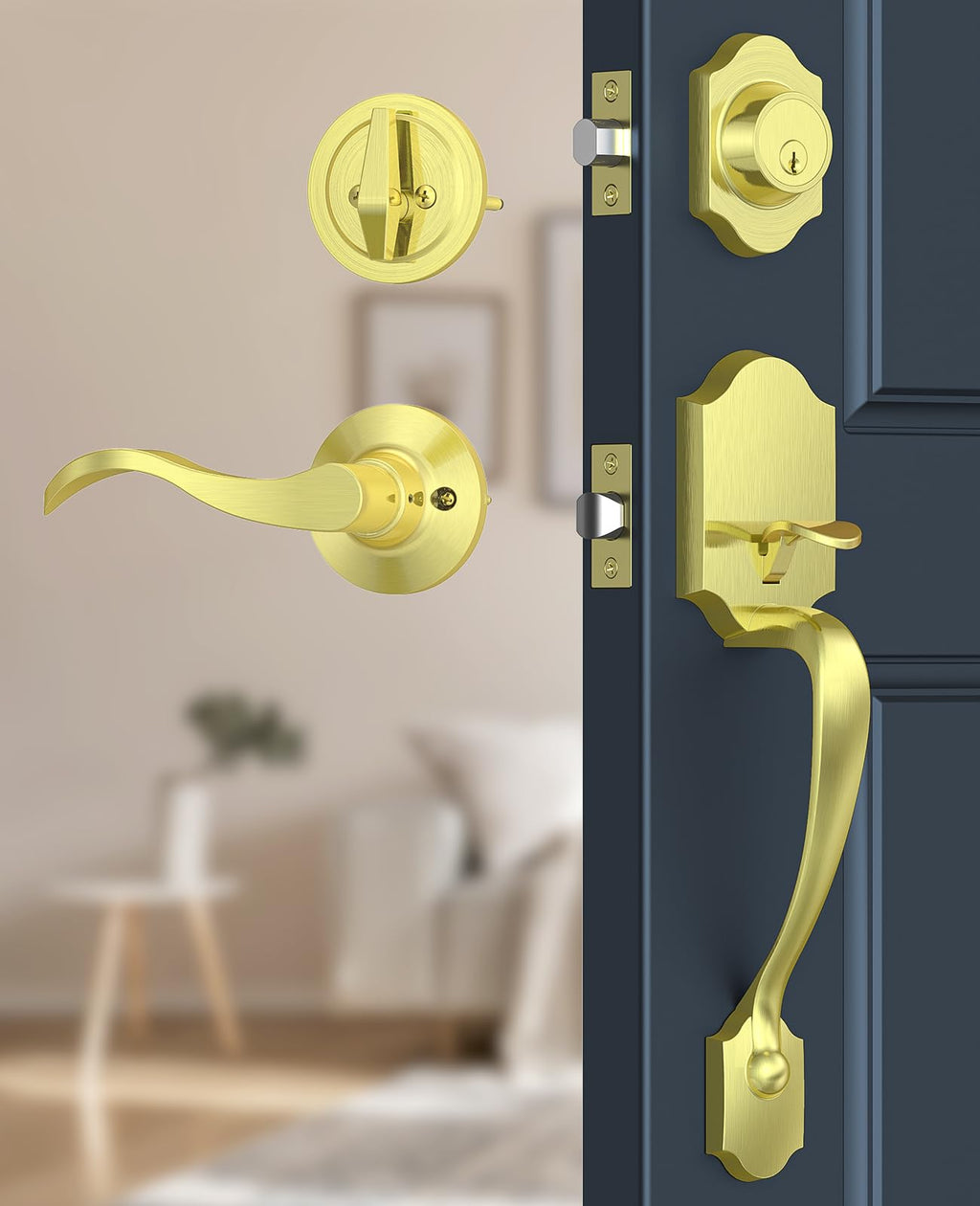 Brushed Gold Front Door Lock Set Classic Entry Door