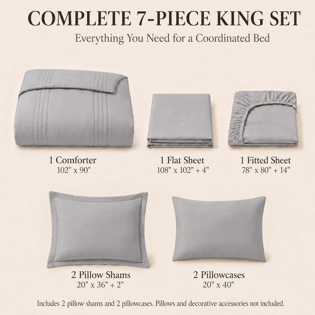 King Size Comforter Set French Grey - 7 Pieces Bed in a Bag