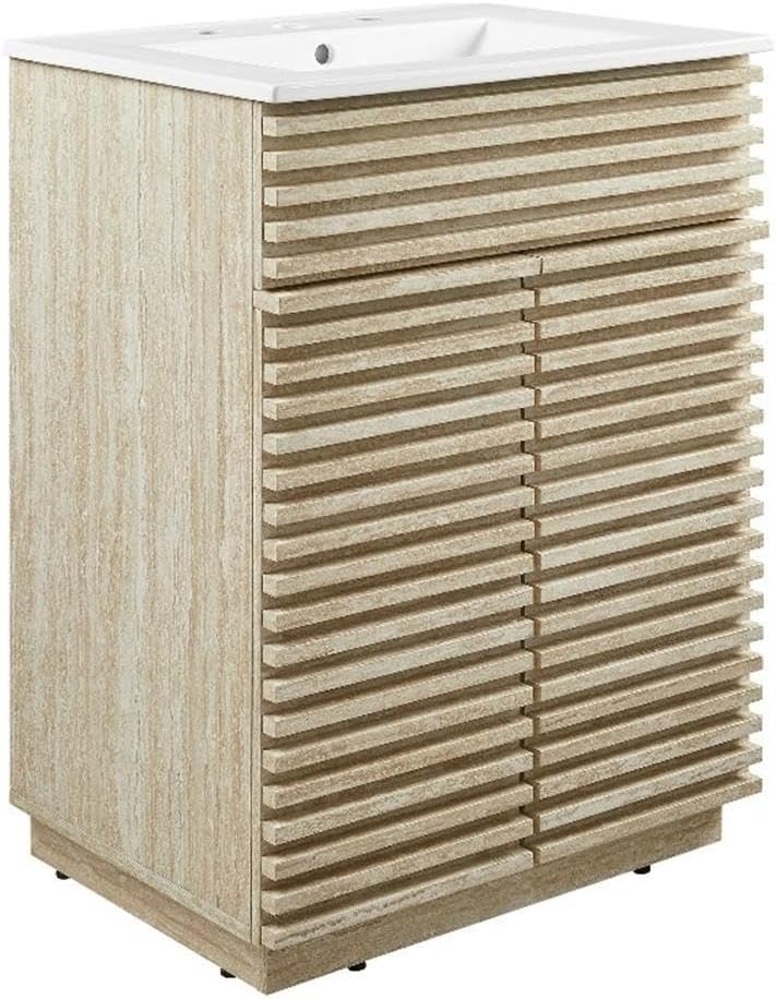 24-Inch Bathroom Vanity with Sink Combo – Faux Travertine Slatted Design, Mid-Century Modern Cabinet with Soft-Close Doors, White