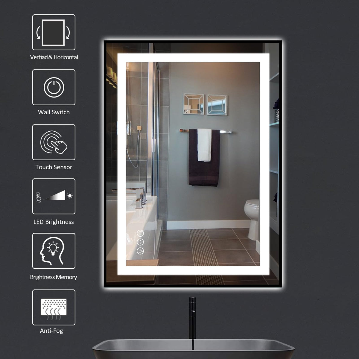 20"X28" LED Bathroom Mirror with Black Frame, Front Lit and Backlit