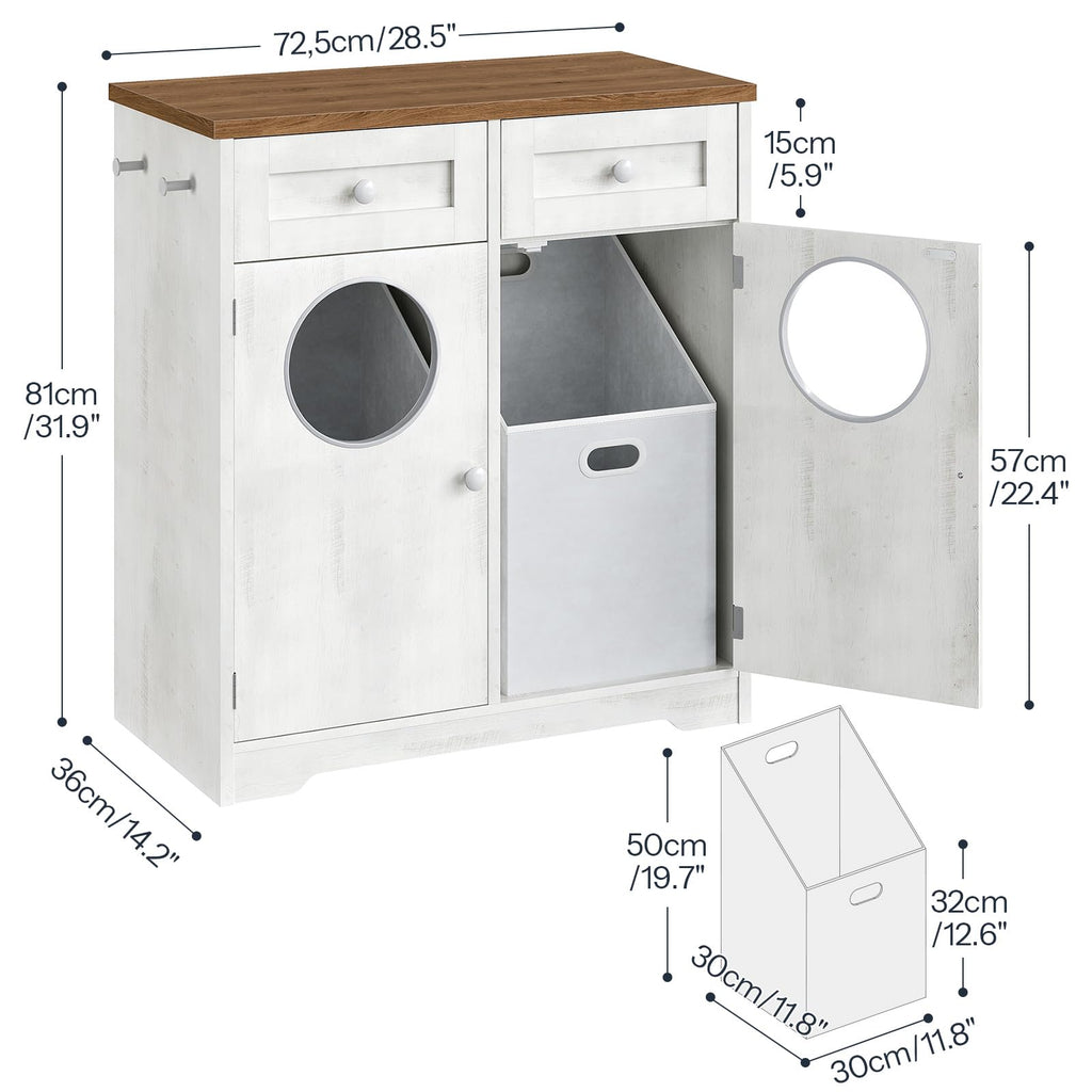 Double Laundry Hamper Cabinet, Hidden Laundry Cabinet with 2 Drawers & 2 Baskets, 20 Gallon Farmhouse Bathroom