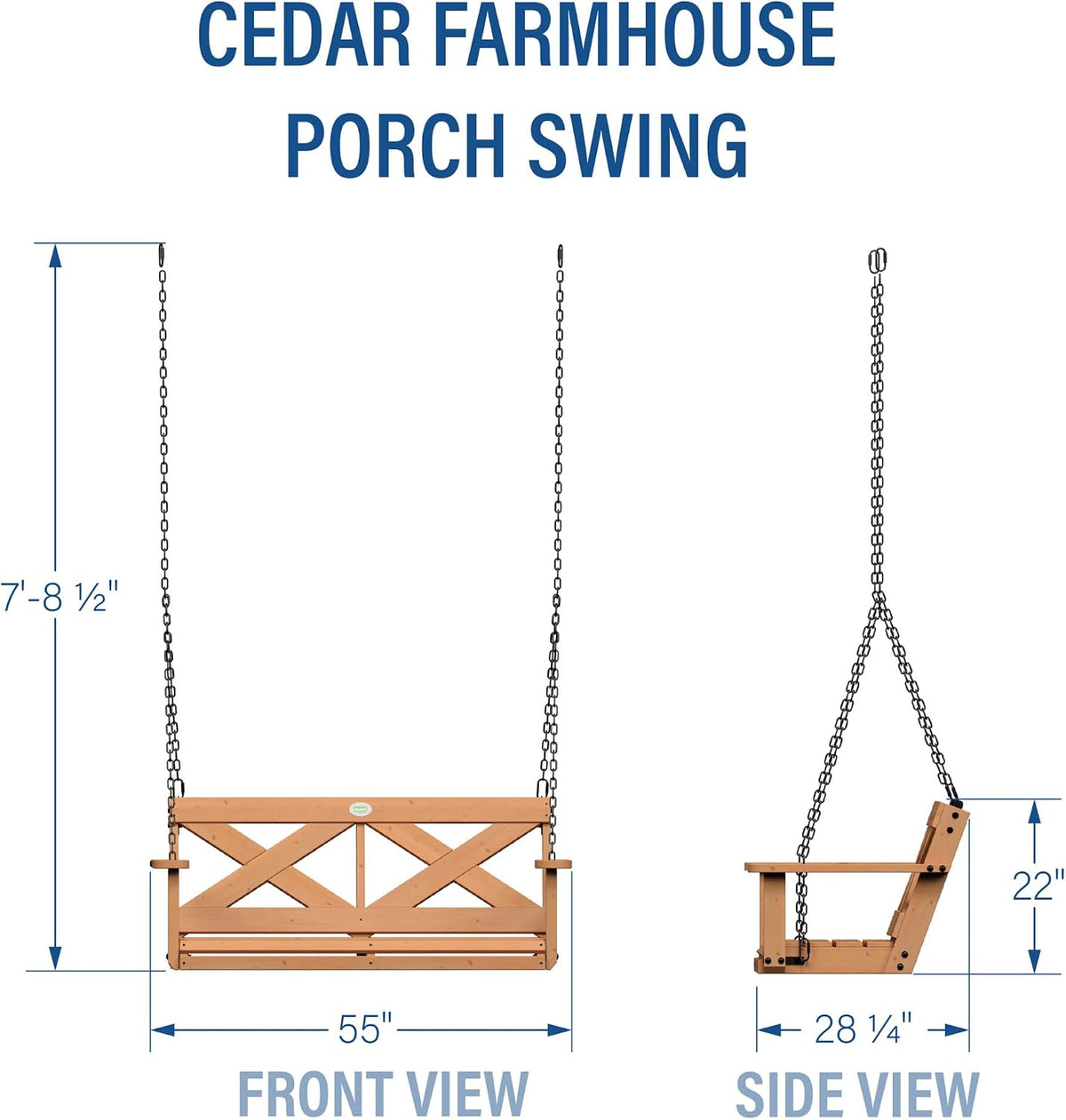 55" Cedar Wood Farmhouse Outdoor Porch Swing Bench with Two-Person Seating, Durable Hanging Chains, Water-Resistant