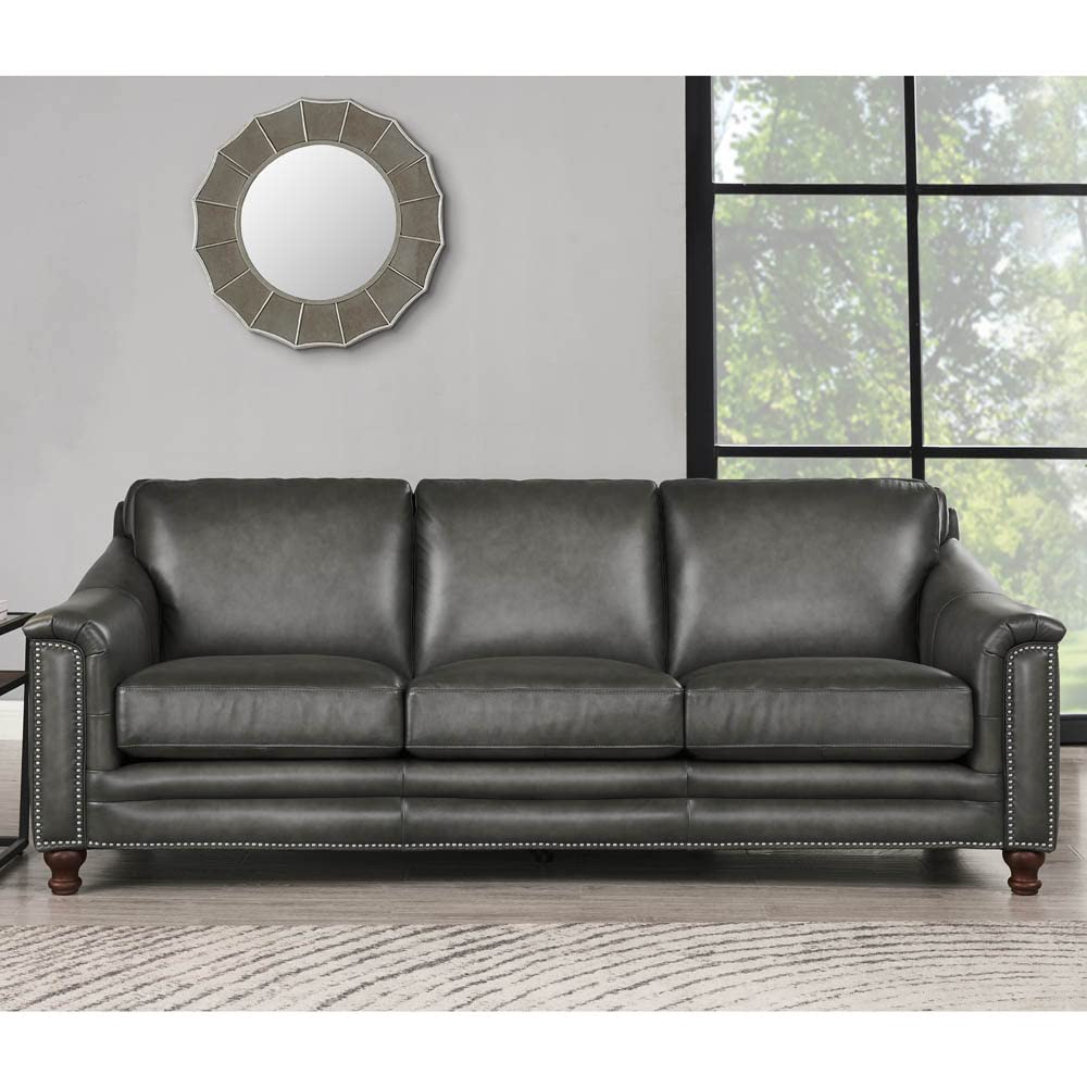Belfast Top Grain Leather Sofa Couch, 91.5", Ash Gray, Feather Down, Memory Foam and Springs Seating