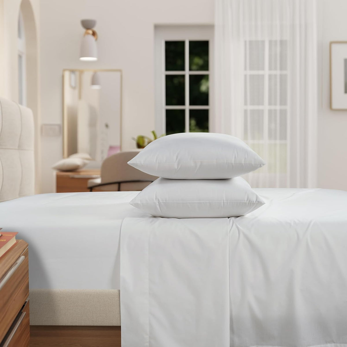 Full Bed Sheet Set, 100% Egyptian Cotton Percale, White, Crisp, 4Pc