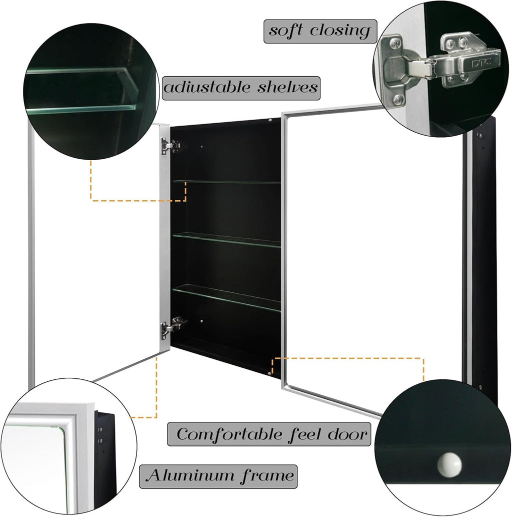 36" x 32" Large Medicine Cabinet with Mirror, Silver Aluminum Framed Bathroom Vanity Mirror Cabinet, Double Door