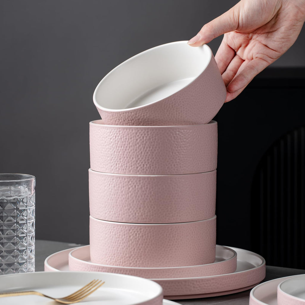 Pink Ceramic Dinnerware Set for 4, 12 Piece Porcelain Plates and Bowls Set for 4, Modern Stoneware Chip and Scratch