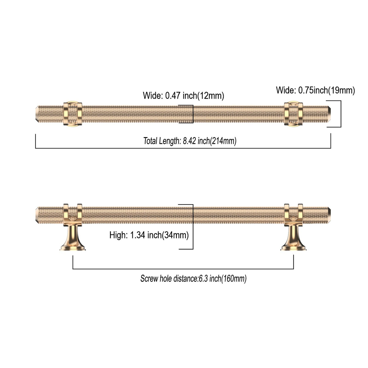 10 Pack 6.3 Inch(160mm) Knurled Brushed Brass Kitchen Cabinet Handles, Glod Cabinet Pulls Kitchen Cabinet Hardware