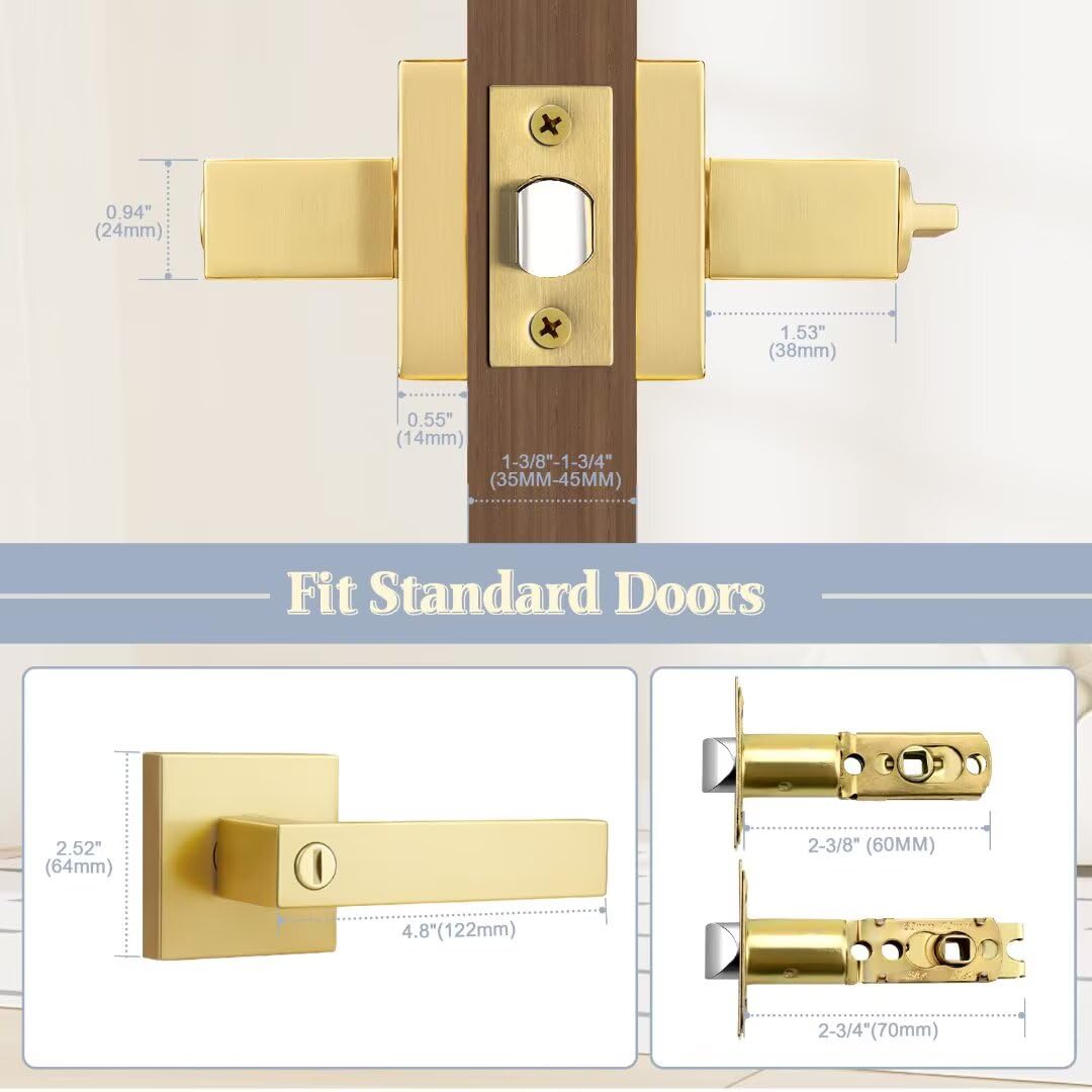 Gold Goor Handles Interior, Brass Privacy Lever Door Handle Keyless, Square Heavy Duty Reversible Interior Door