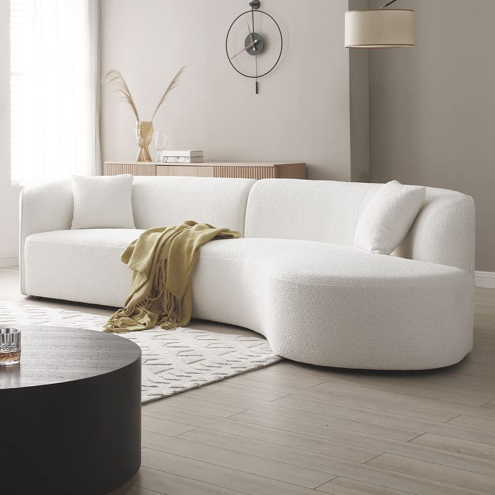126" Luxury Modern Style Curved Sofa, Upholstery Boucle Sofa Couch with 2 Pillows, Right Hand Facing Sectional Boucle