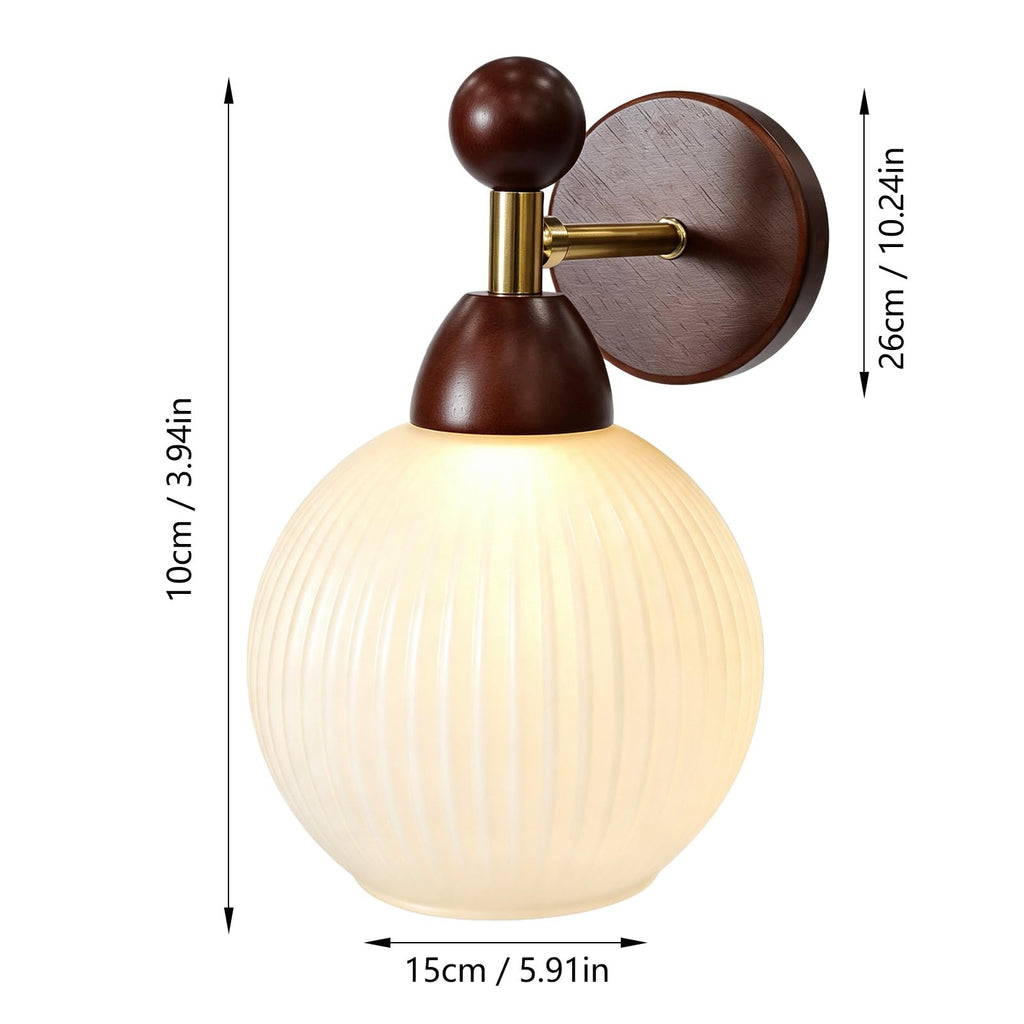 Mid Century Vintage Wall Sconce Ribbed Milk Glass Walnut Wood Light Fixture