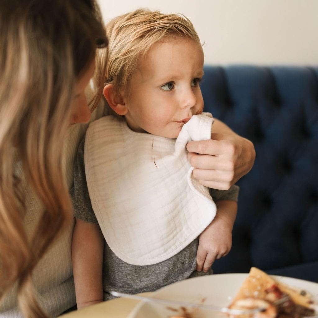 Muslin Baby Bibs | Adjustable as Baby Grows | Soft Absorbent Muslin Fabric | For Eating, Drooling, Teething (White)