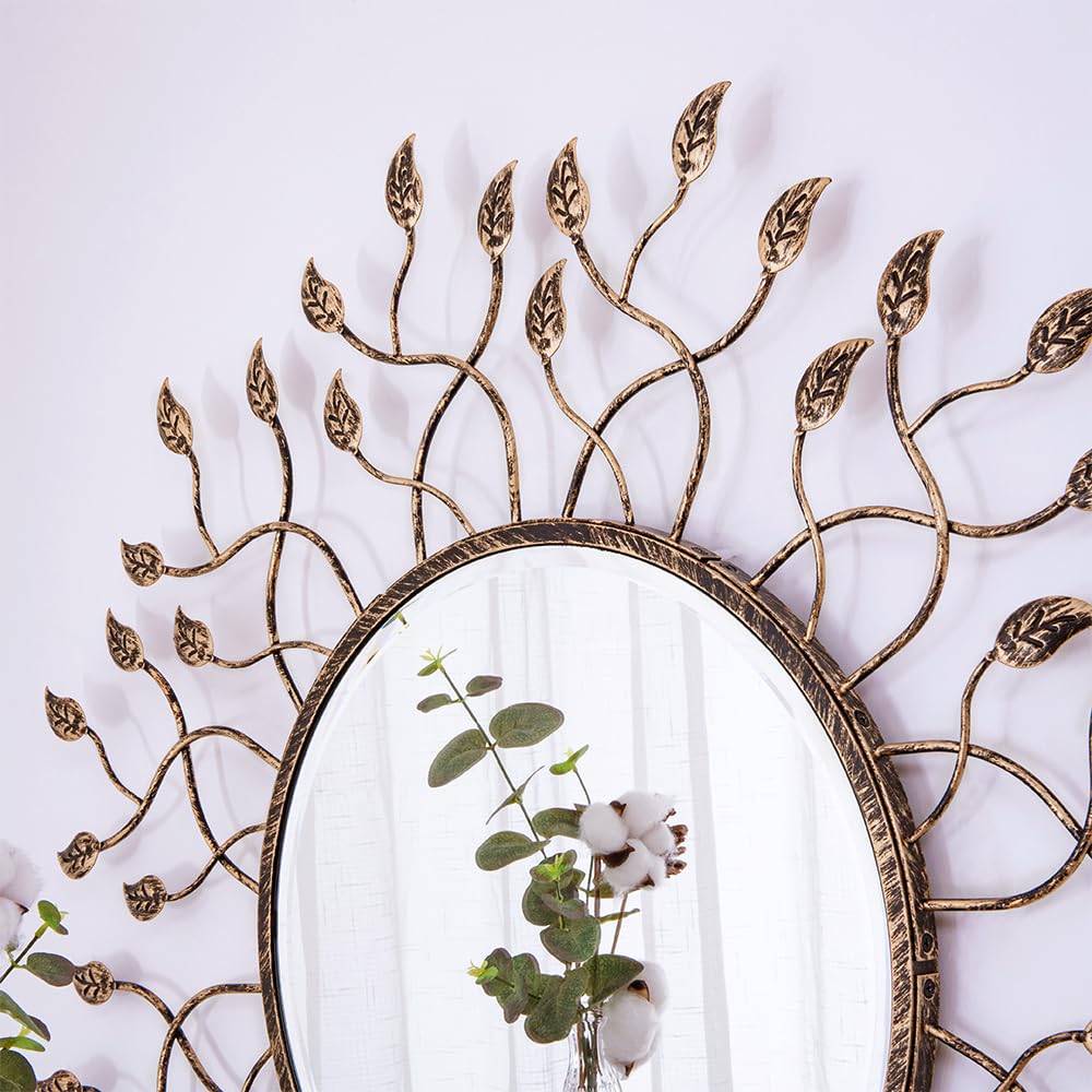 Round Mirror Decor, 32" x 32" Large Mirror with Removable Leaves, Beveled Edge and Metal Frame, Decorative Wall