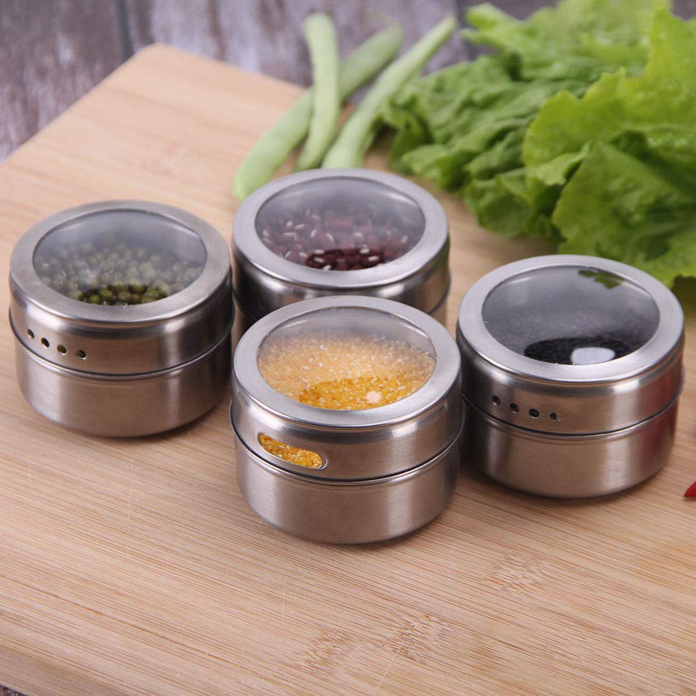 12 Powerful Magnetic Spice Tins- Stainless Steel Spice Storage Containers, Kitchen Spice Jars with Clear Lid
