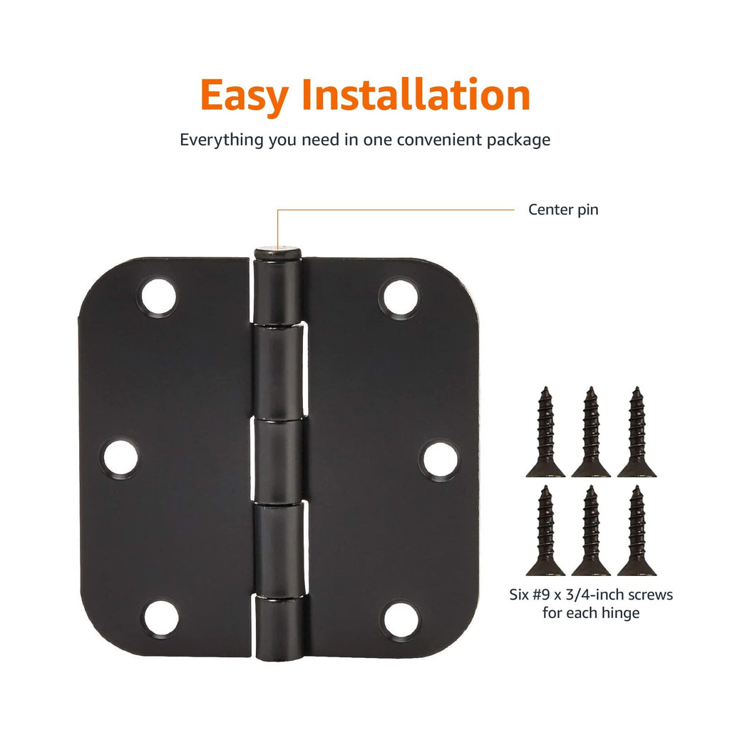Sturdy Rounded 5/8 Radius Interior Door Hinges with Included Screws, 3.5" x 3.5", Matte Black, 18-Pack