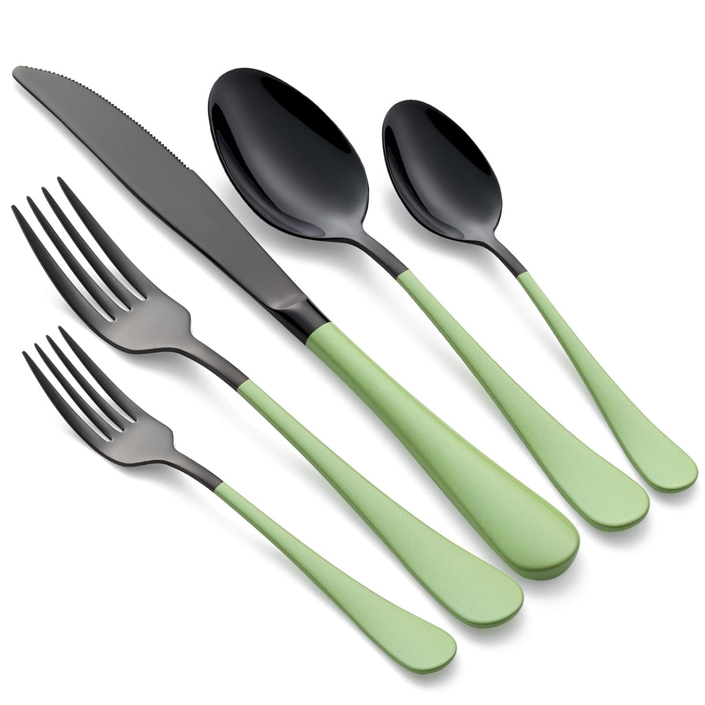 20-Pieces Green and Black Silverware Sets for 4,Green Handle Stainless Steel Cutlery Set, Include Forks Spoons and