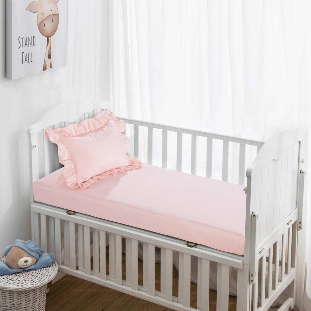 3 Pieces Princess Pink CribBedding Set for Baby Girls, Ultra Soft Blush Pinch Pleat Comforter Set with Ruffles for