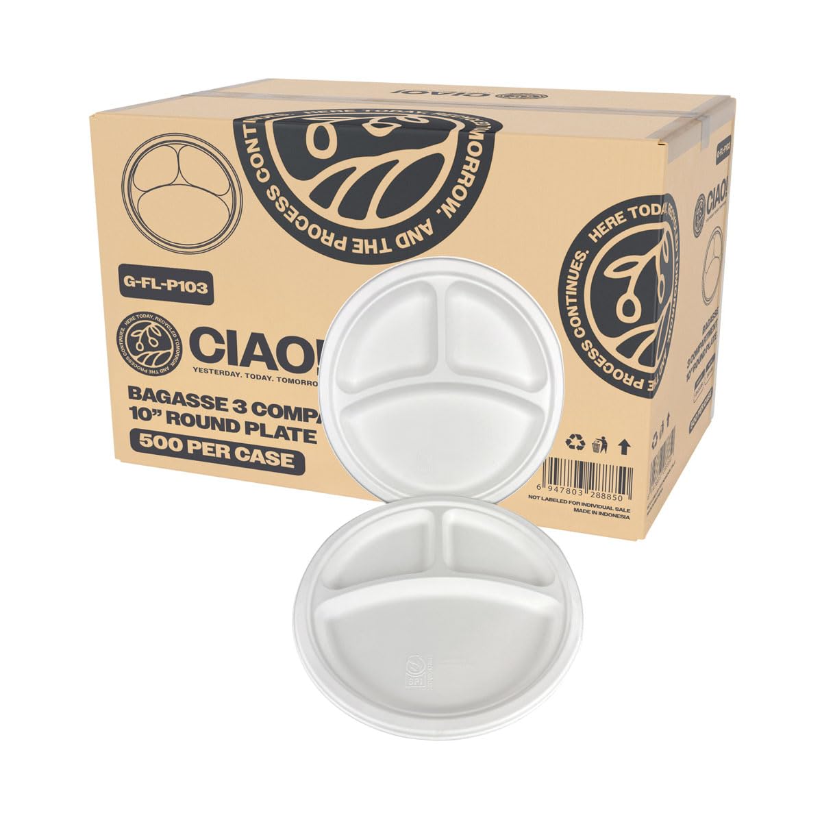 10" Heavy Duty Plate 3 compartment 100% Compostable PFAS Free Unbleached Bagasse Natural White (Pack of 500)