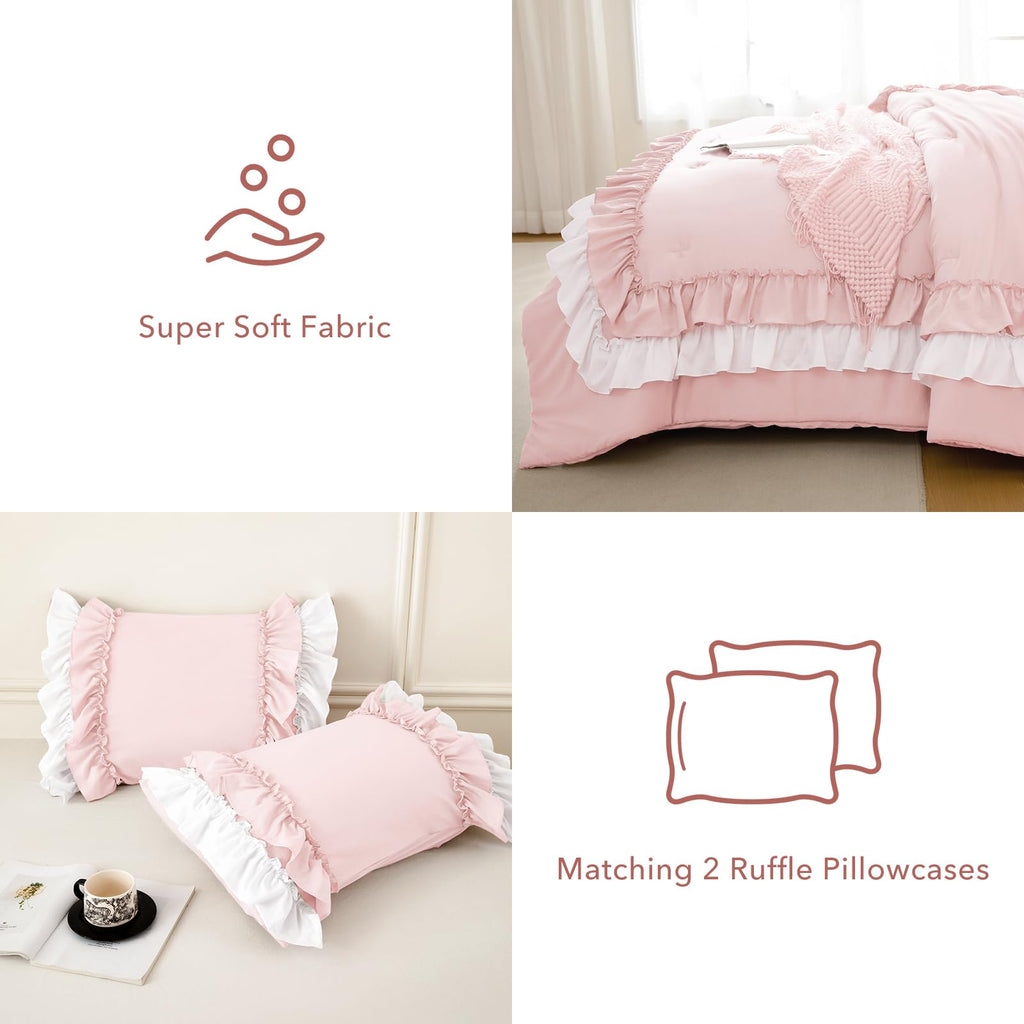 3PCs Blush White Ruffled Comforter Queen Size, Farmhouse Shabby Boho Chic Ruffle Bedding Comforter Set Queen French