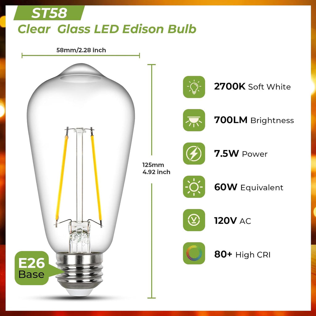Vintage Edison Light Bulbs 60 watt Equivalent, Dimmable E26 LED Bulb 2700K Soft Warm White, Clear Glass ST58 Vintage