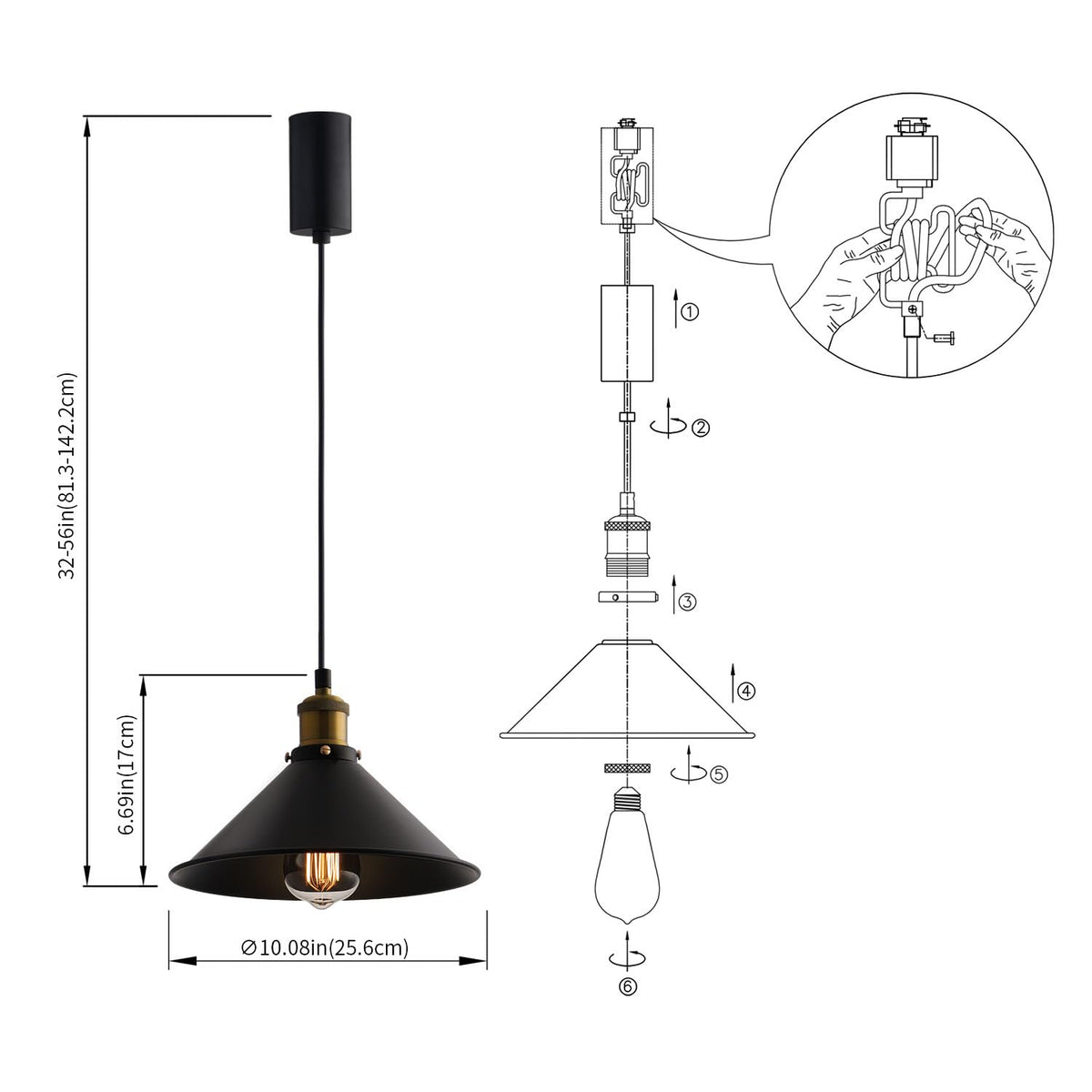 H-Type Matte Black E26 Socket Track Lighting Pendant, Pack of 3