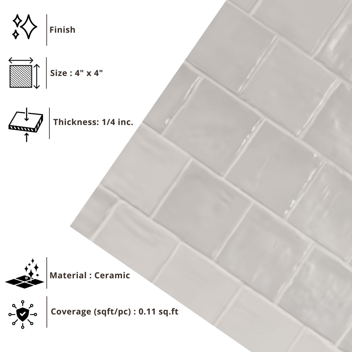 4x4 Inch HTCFD Premium Quality White Matte Zellige Ceramic Tile with Subtle Shimmer | Handmade Look Moroccan Square