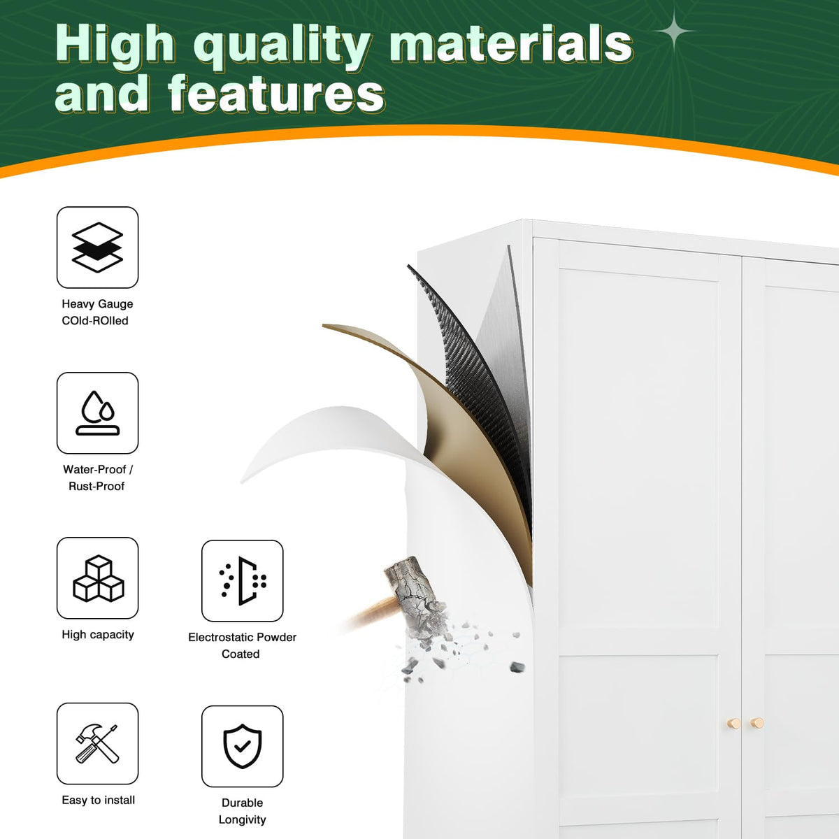 Wardrobe Armoire Closet, 72" H Metal Storage Cabinet with Adjustable Shelves and Hanging Rod, Bedroom Armoire Cabinet