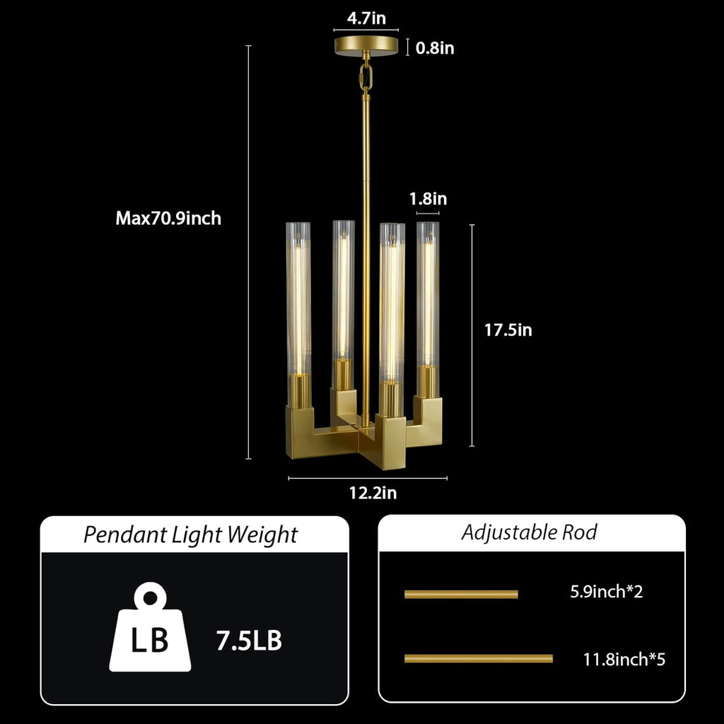 4-Light Chandelier, Glass Tube Brass Pendant Lights Kitchen Island