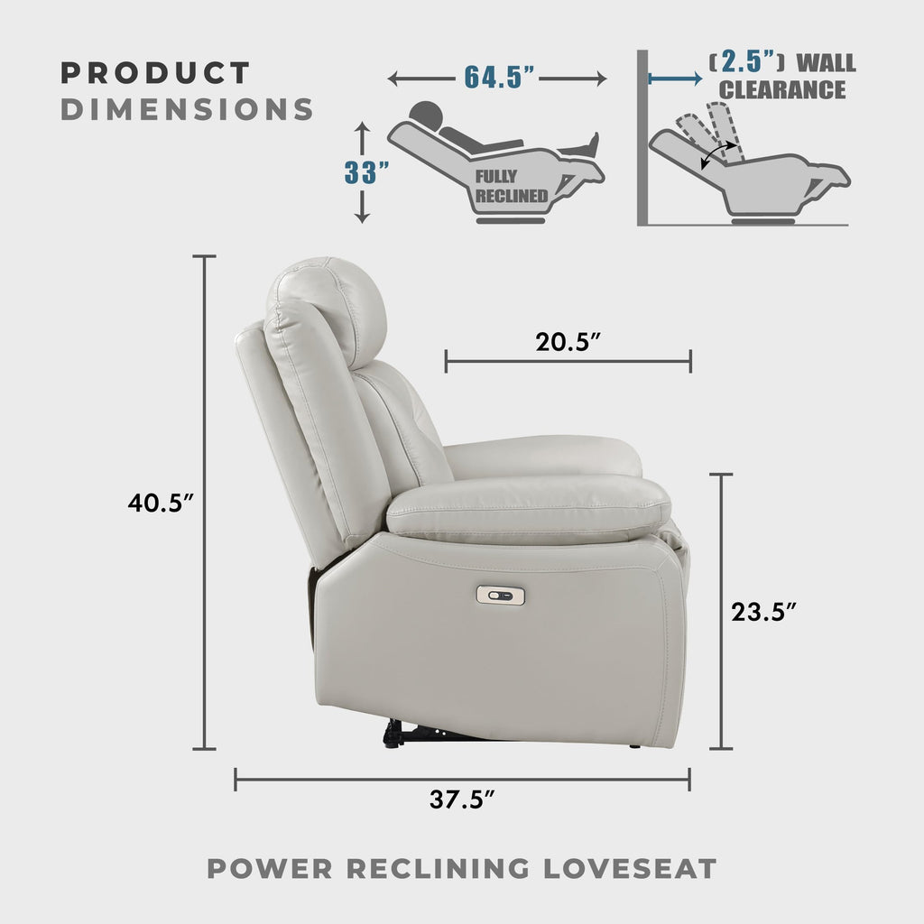 Top Grain Leather Match Power Double Recliner Loveseat, Silver