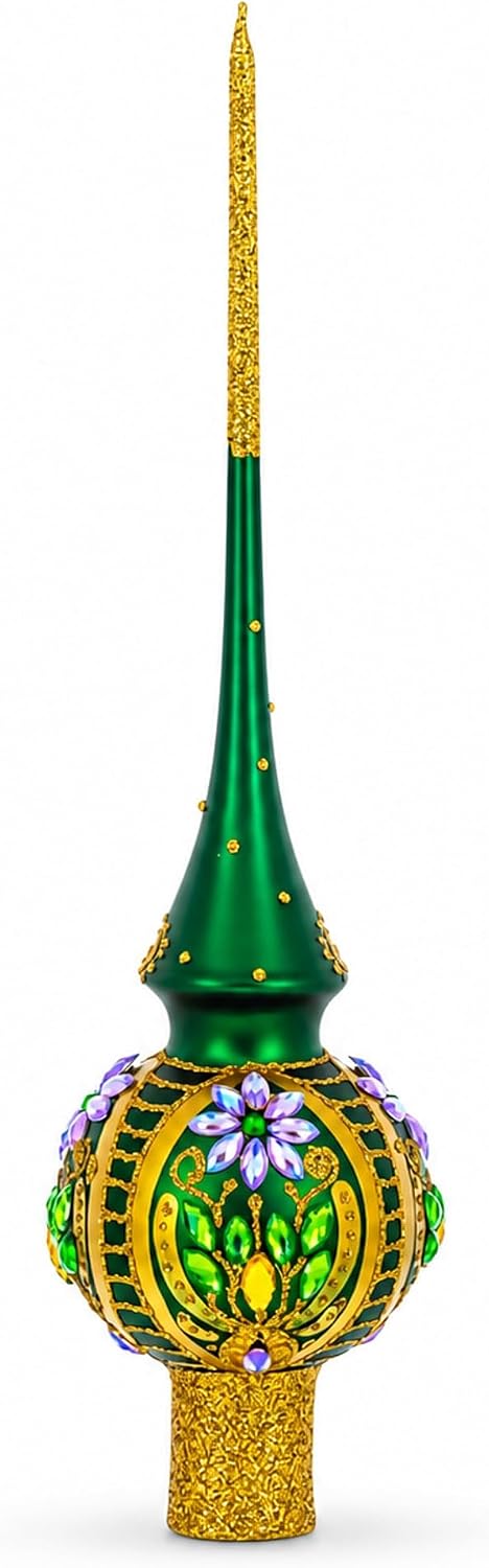 Enchanted Emerald Jeweled Green Glass Christmas Tree Topper 11 Inches