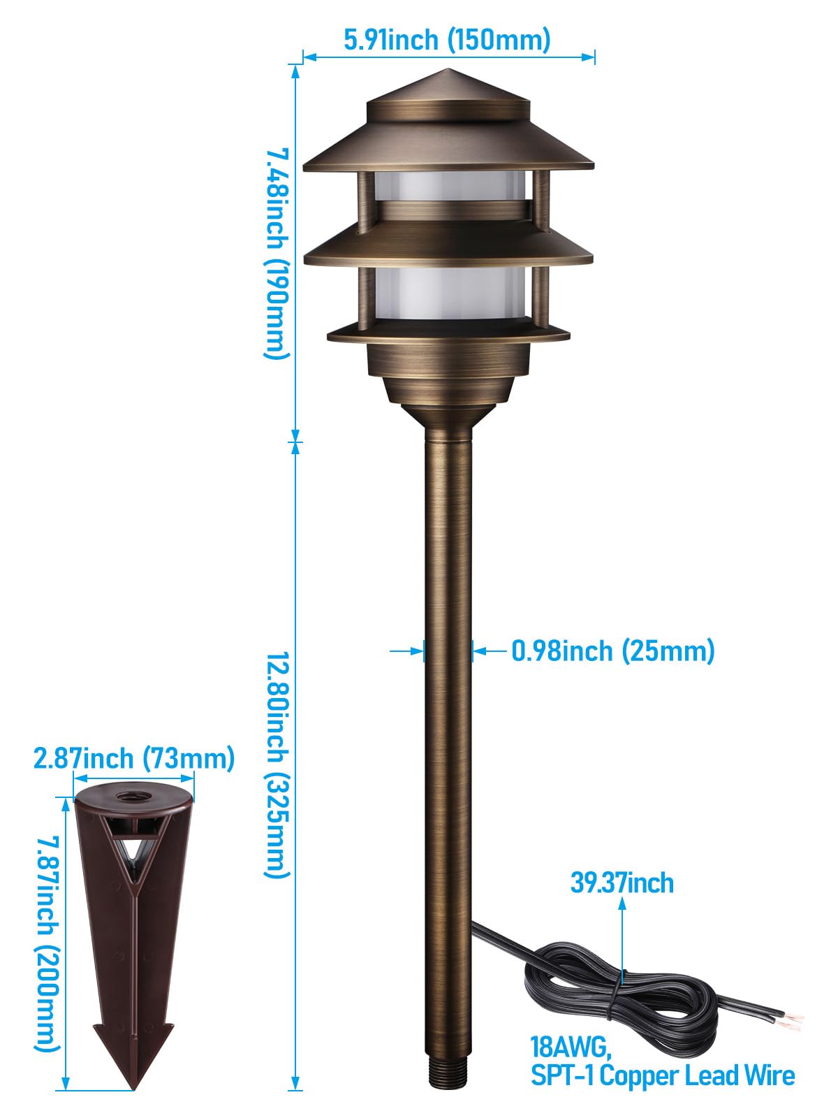 12V Cast Brass Pagoda Path Light, Bronze