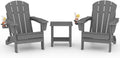 HDPE Folding Adirondack Chair Set of 2 with Side Table, Grey | All Weather Resistant Outdoor Chair with Wood Texture&