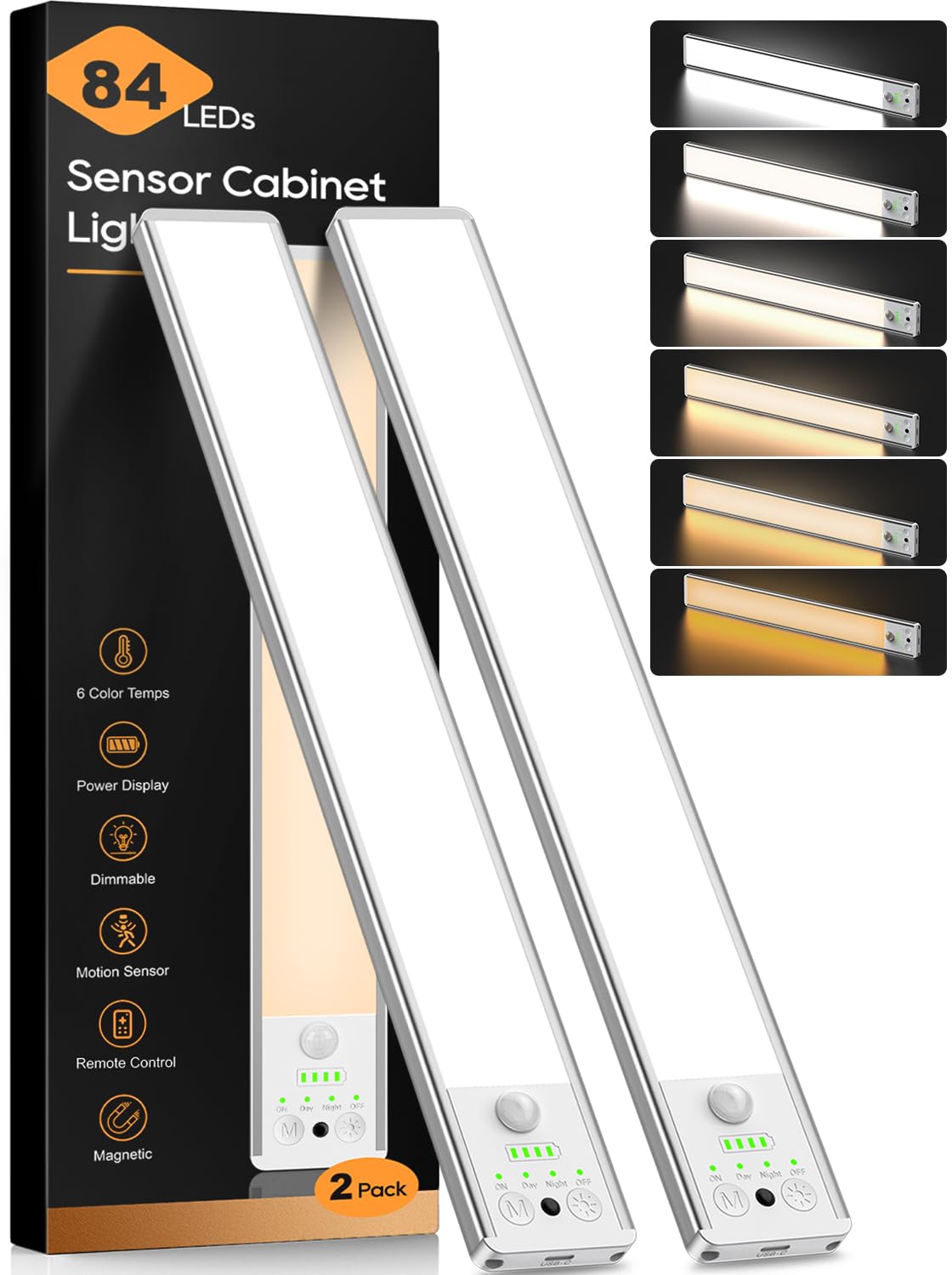 10.5 Inch Under Cabinet Lighting, 6 Color Temps Motion Sensor Light Indoor, LED Power Display Rechargeable Battery