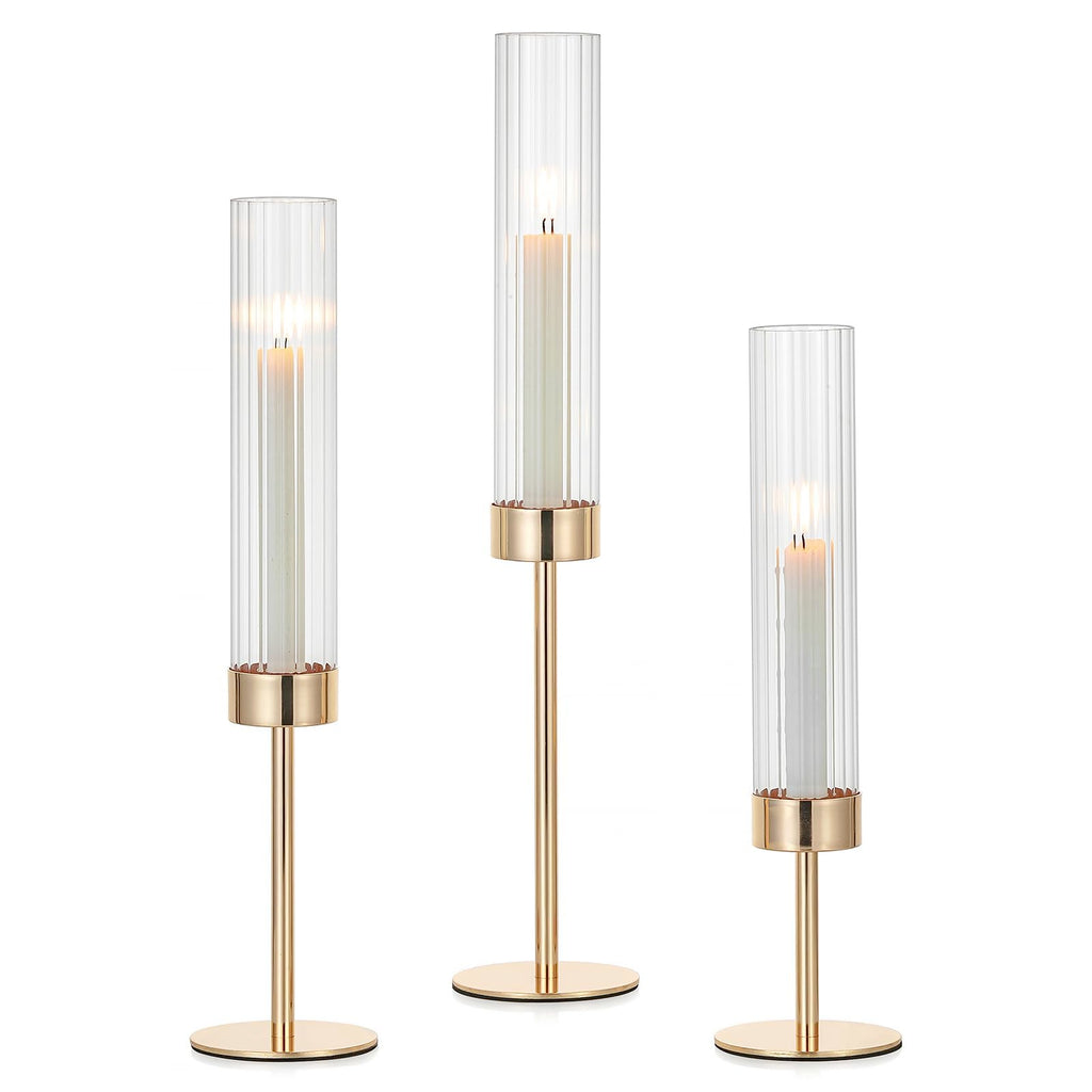 Gold Taper Candle Holders: Candlestick Holders Set of 3 Hurricane Glass Tall Candle Holder for Candlesticks Candle