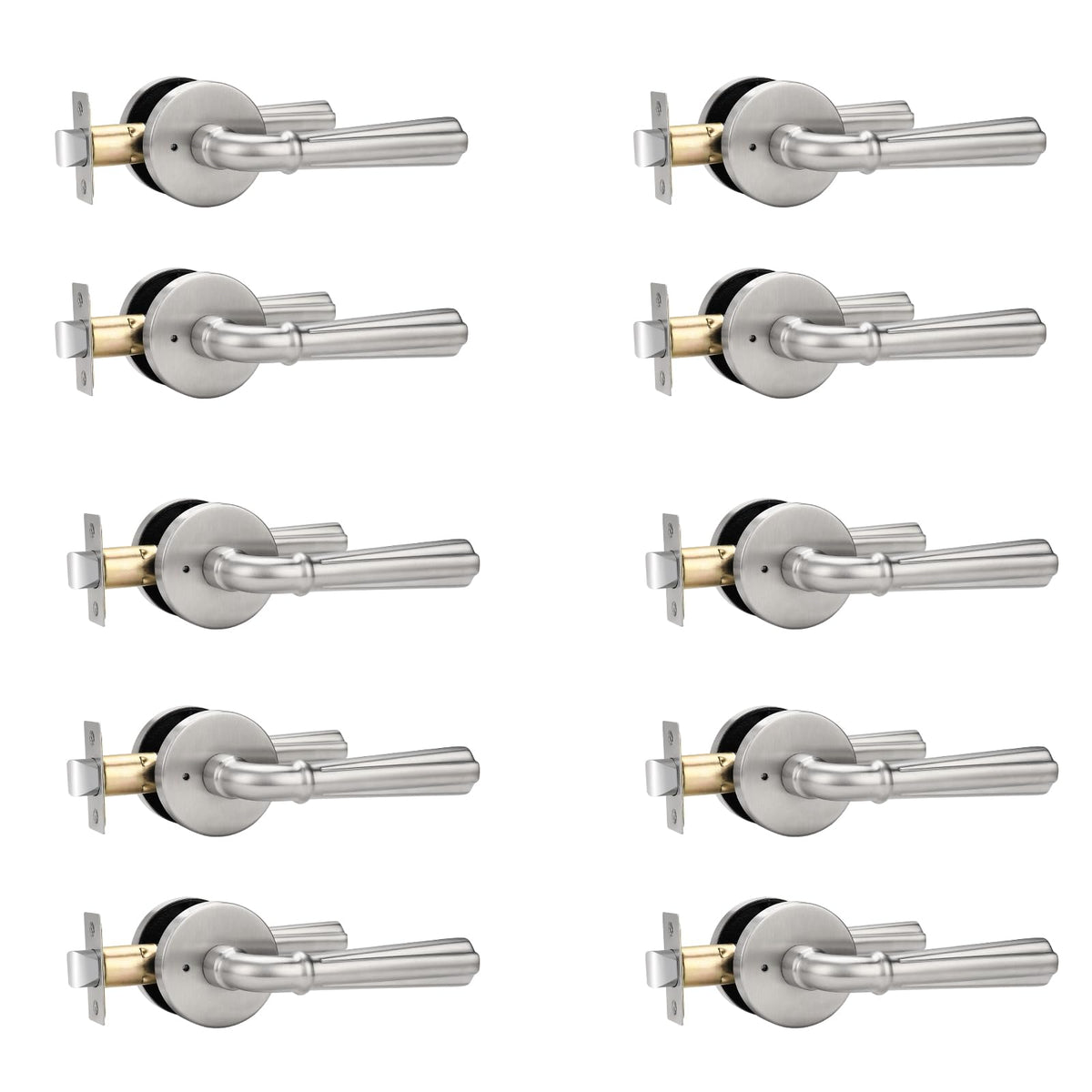 10 Pack Satin Nickel Privacy Door Lever Interior Door Handle with Lock, Keyless Bed Bath Door Handle Round Door Lever