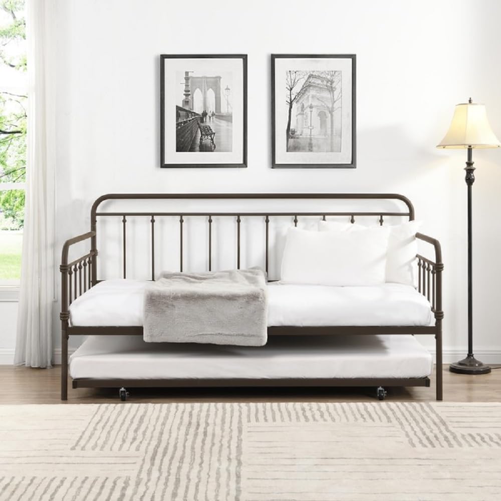 Classic Farmhouse Wrought Iron Metal Daybed with Free Standing Trundle