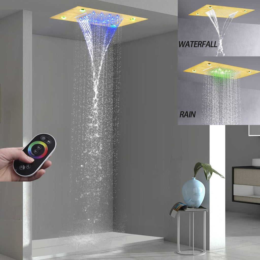 Brushed Gold LED Ceiling Rain Shower Head 14X20 Inch Bathroom Rectangle Embedded Type With Smart LED Lights Control