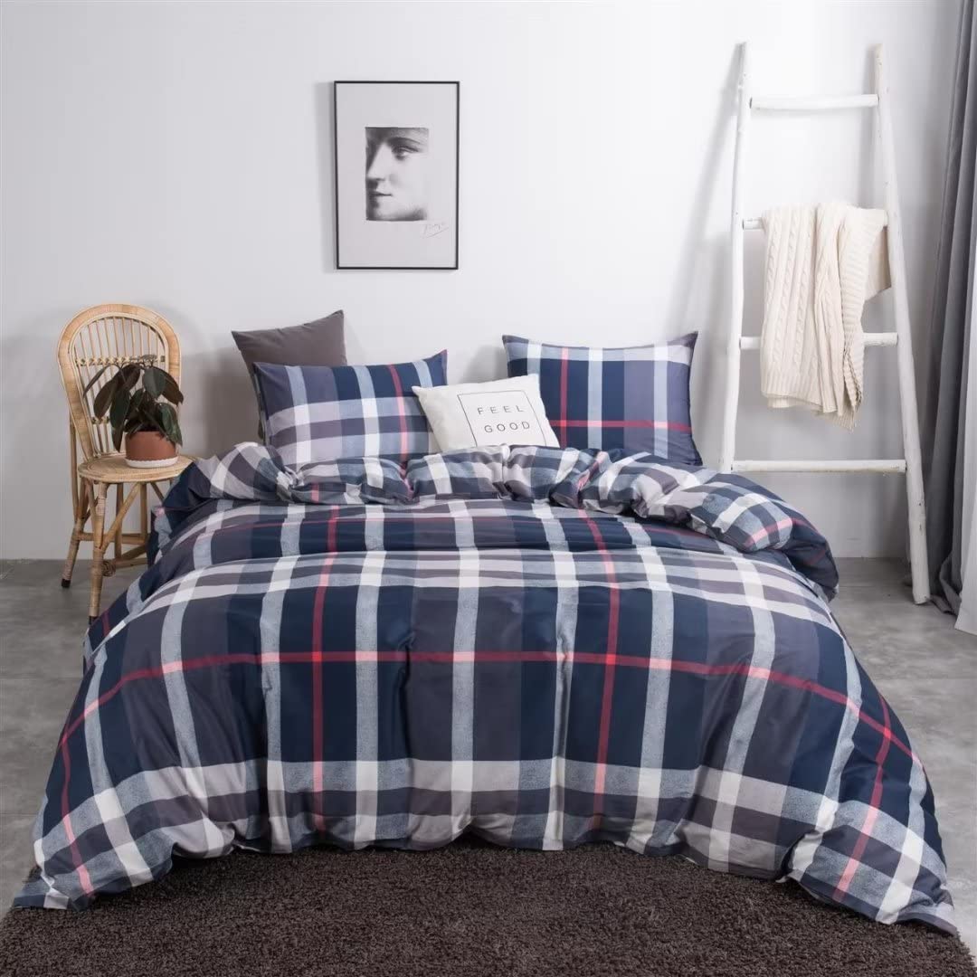 Navy Blue Plaid Comforter Boho Blue Tartan Geometric Bed