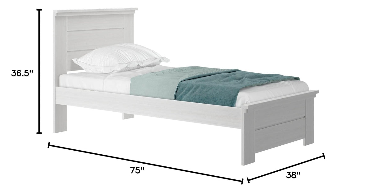 Modern Farmhouse Single Bed, Panel Headboard, White Wash