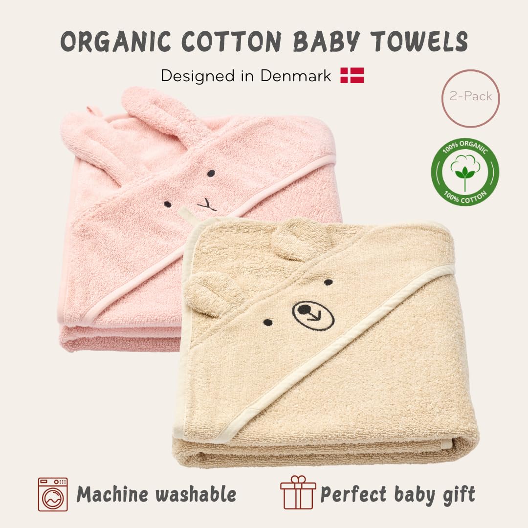 Hooded Baby Bath Towels, 100% Organic Cotton, 32"x32" 2-Pack