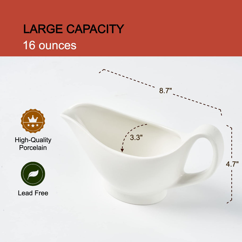 Gravy Boat with Saucer - 16oz Fine Porcelain Sauce & Salad Dressing Boat (White)