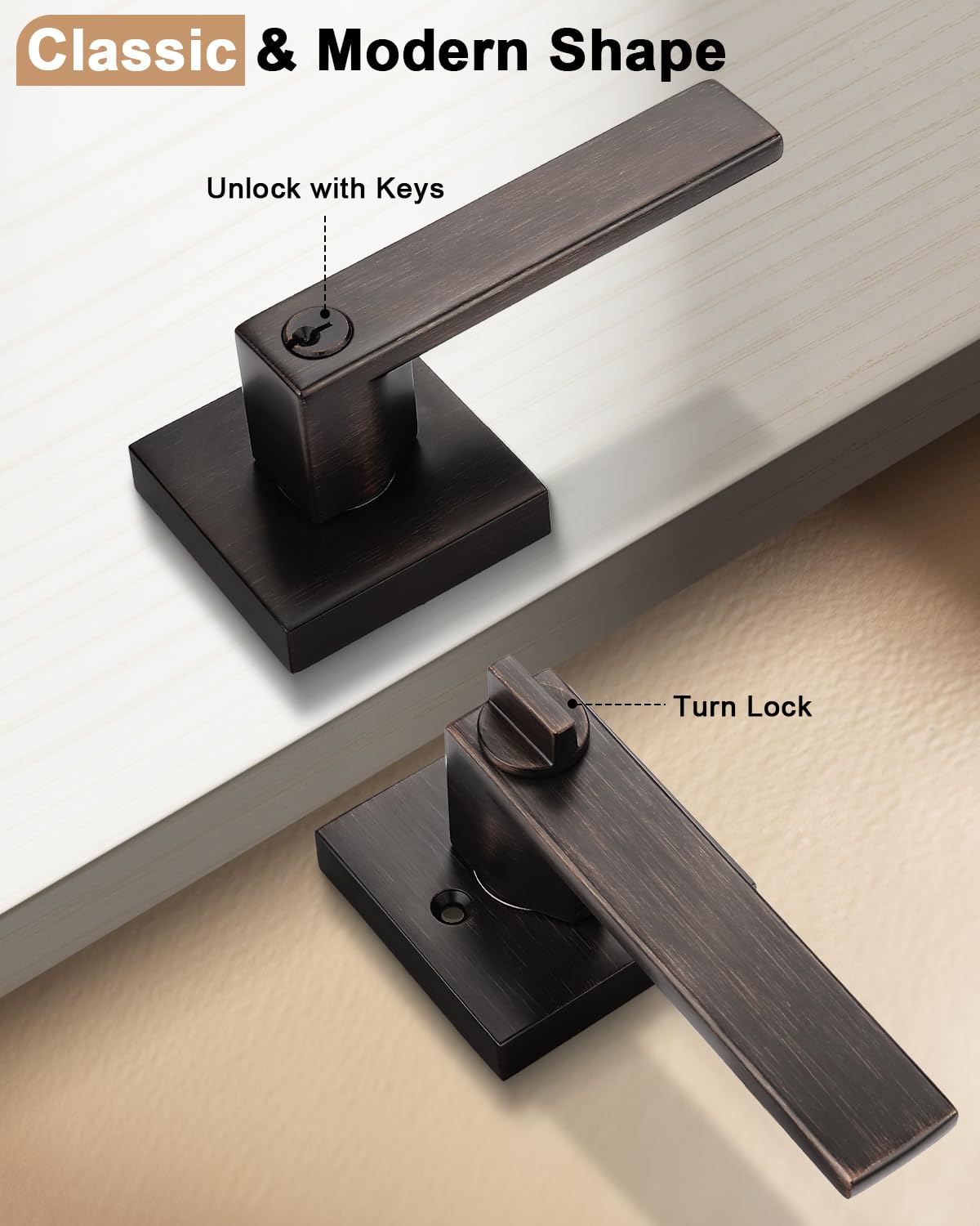 Heavy Duty Square Keyed Door Lever with Lock and Key, Oil Rubbed Bronze Entrance Door Handle for Exterior or Interior