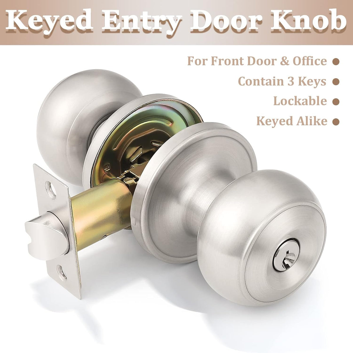 6 Pack) Satin Nickel Round Entry Door Knobs Keyed Alike, Exterior/Interior Door Handles Bedroom Bathroom/Front/Offic