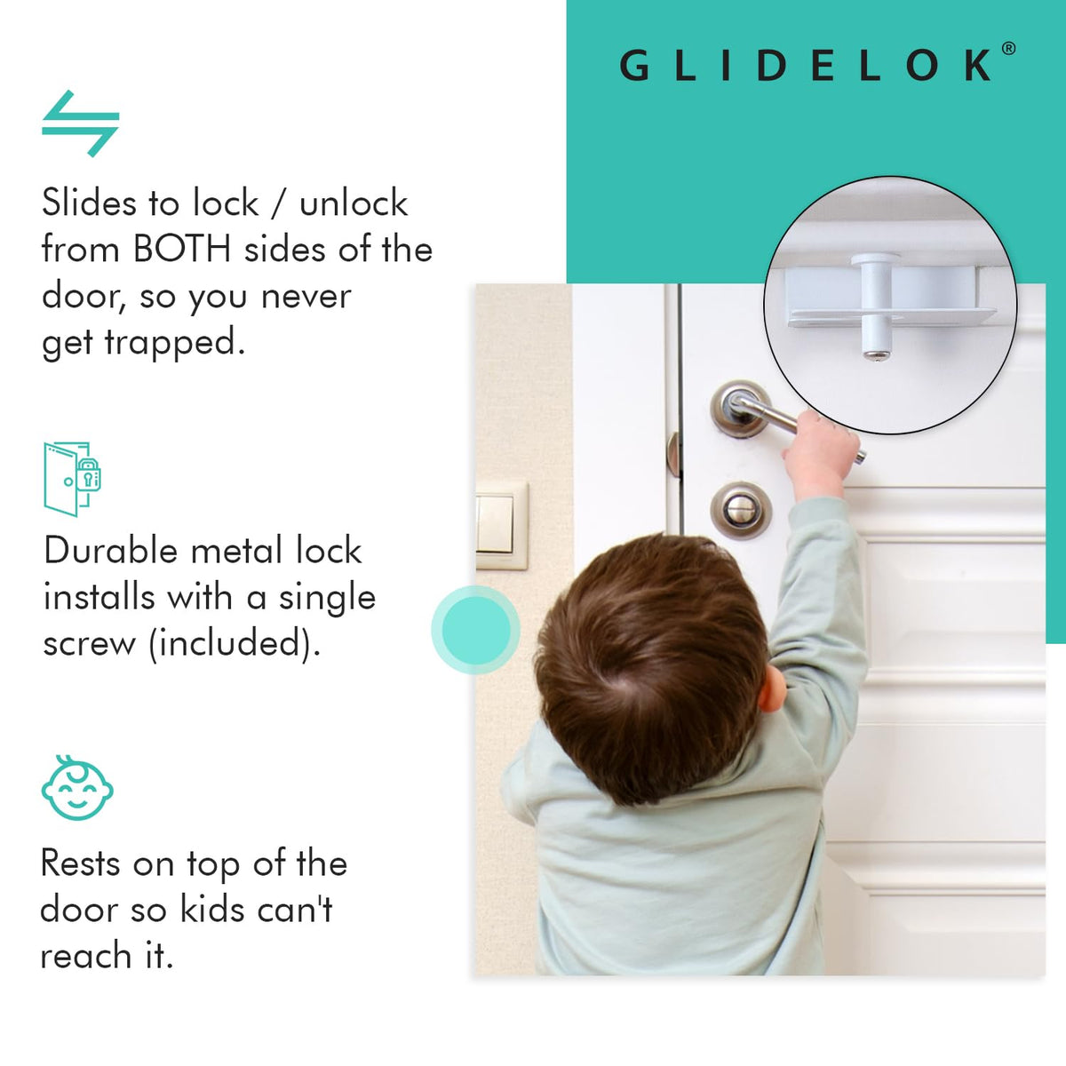 4 Pack - Child Safety Door Top Lock | Access Lock from Either Side of The Door | for Interior & Exterior Doors