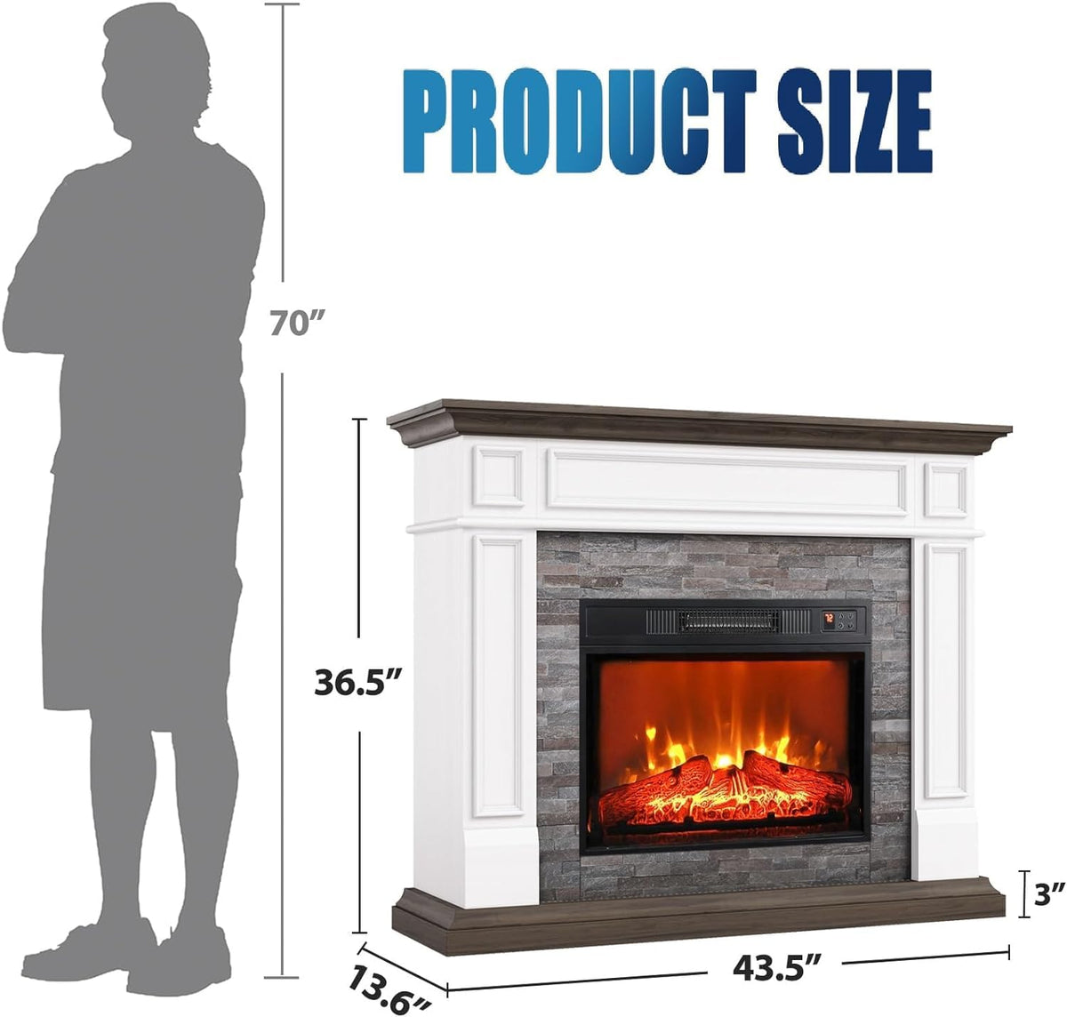 44" Electric Fireplace Mantel, Farmhouse TV Stand w/ 23" Heater, Brown